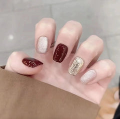 Christmas Style Lovely Design Short Square Fingernails With Glitter Uv Gel Salons At Home Glossy Manicure Fake Nails Art