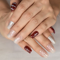 Christmas Style Lovely Design Short Square Fingernails With Glitter Uv Gel Salons At Home Glossy Manicure Fake Nails Art