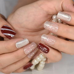 Christmas Style Lovely Design Short Square Fingernails With Glitter Uv Gel Salons At Home Glossy Manicure Fake Nails Art