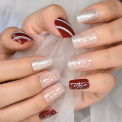 Christmas Style Lovely Design Short Square Fingernails With Glitter Uv Gel Salons At Home Glossy Manicure Fake Nails Art