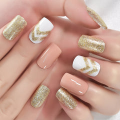 Christmas Style Lovely Design Short Square Fingernails With Glitter Uv Gel Salons At Home Glossy Manicure Fake Nails Art