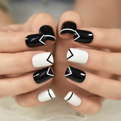 Ink Pattern Grid Press On Nail Tips Fake Nails Short Square Designed Nails Fake Nails Art Uv Gel Nails Salons At Home Glossy