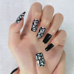 Ink Pattern Grid Press On Nail Tips Fake Nails Short Square Designed Nails Fake Nails Art Uv Gel Nails Salons At Home Glossy