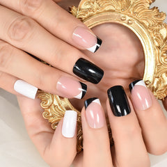 Press On Nails French Black And White Color Top Short Square Multi Color Fake Nails Art Salons At Home With Tabs