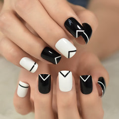 Press On Nails French Black And White Color Top Short Square Multi Color Fake Nails Art Salons At Home With Tabs