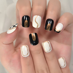 Press On Nails French Black And White Color Top Short Square Multi Color Fake Nails Art Salons At Home With Tabs