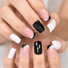 Press On Nails French Black And White Color Top Short Square Multi Color Fake Nails Art Salons At Home With Tabs