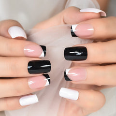 Press On Nails French Black And White Color Top Short Square Multi Color Fake Nails Art Salons At Home With Tabs