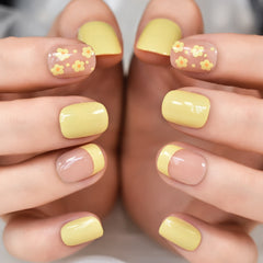 Press On Nails Short Round French Yellow Flower Pattern Uv Gel Fingernails Full Cover Manicure Fake Nail Tips False Nails Set