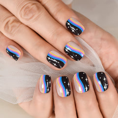 Short Shape Round Uv Gel Nails Glossy Fingernails Press On Nail Tips With Rainbow Pattern Daily Manicure Stars Pattern Fake Nail