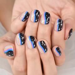 Short Shape Round Uv Gel Nails Glossy Fingernails Press On Nail Tips With Rainbow Pattern Daily Manicure Stars Pattern Fake Nail