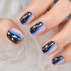 Short Shape Round Uv Gel Nails Glossy Fingernails Press On Nail Tips With Rainbow Pattern Daily Manicure Stars Pattern Fake Nail