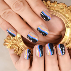 Short Shape Round Uv Gel Nails Glossy Fingernails Press On Nail Tips With Rainbow Pattern Daily Manicure Stars Pattern Fake Nail
