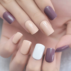 Three Color Short Squoval Fingernails Glossy Arylic Press On Nail Tips Fake Nails Gray White Lips Color Reusable Manicure